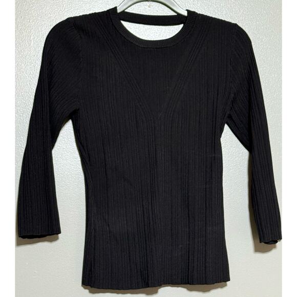 NWT‎ 7 For All Mankind Black Open Back Knit Top Size L 3/4 Sleeve Ribbed - Picture 3 of 6
